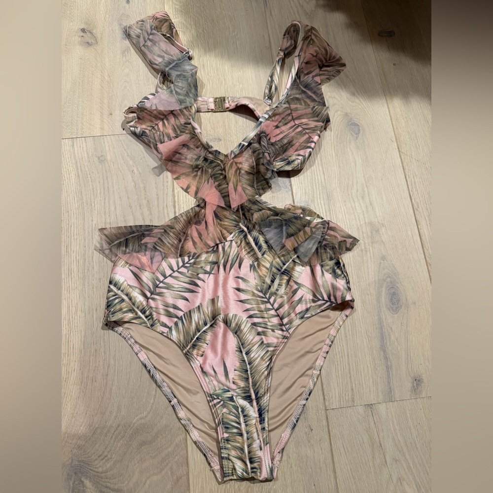 Girls Pink Tropical Leaf One-Piece Swimsuit with Ruffle Accent